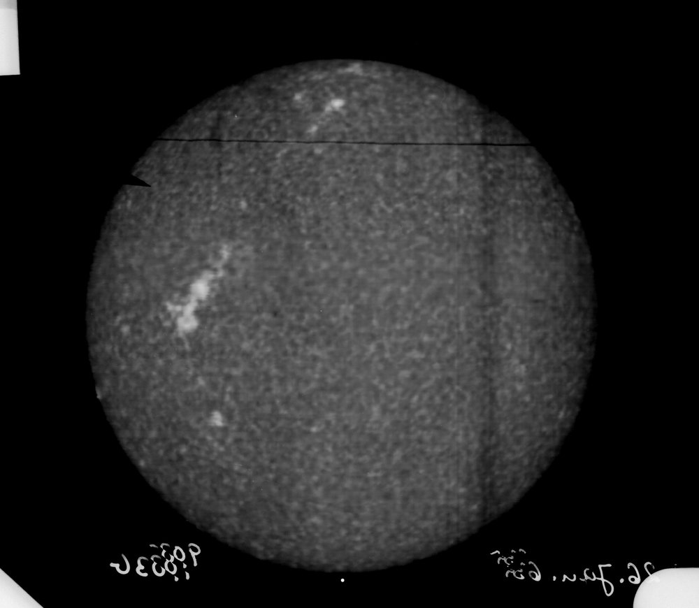 An image of the chromosphere (lower atmosphere) of the Sun, taken in 1965 at the Jack Evans Solar Facility/Big Dome. The lighter regions are indicative of magnetic field activity. Image courtesy of the National Solar Observatory