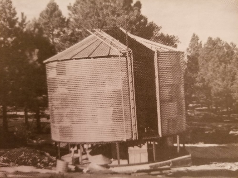 The Grain Bin Dome, purchased in 1948 was the first building on the site dedicated to housing the telescopes. The name comes from it's intended function - it is actually a modified grain bin, purchased from the 1948 Sears & Roebuck Catalog. Image Courtesy of the Natl. Solar. Obs.