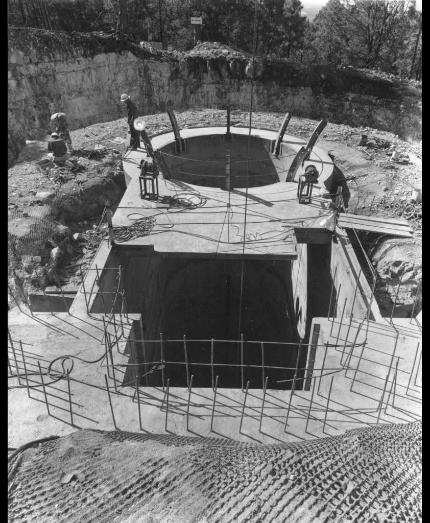 Concrete being set into the 228 ft deep pit meant to house much of the Vacuum Tower Telescope/Richard Dunn Solar Telescope. The pit was created in 1966, and the telescope was finished in 1969. Image Courtesy of the Natl. Solar Obs., and Horst Mauter - chief observer at Sunspot for many years.